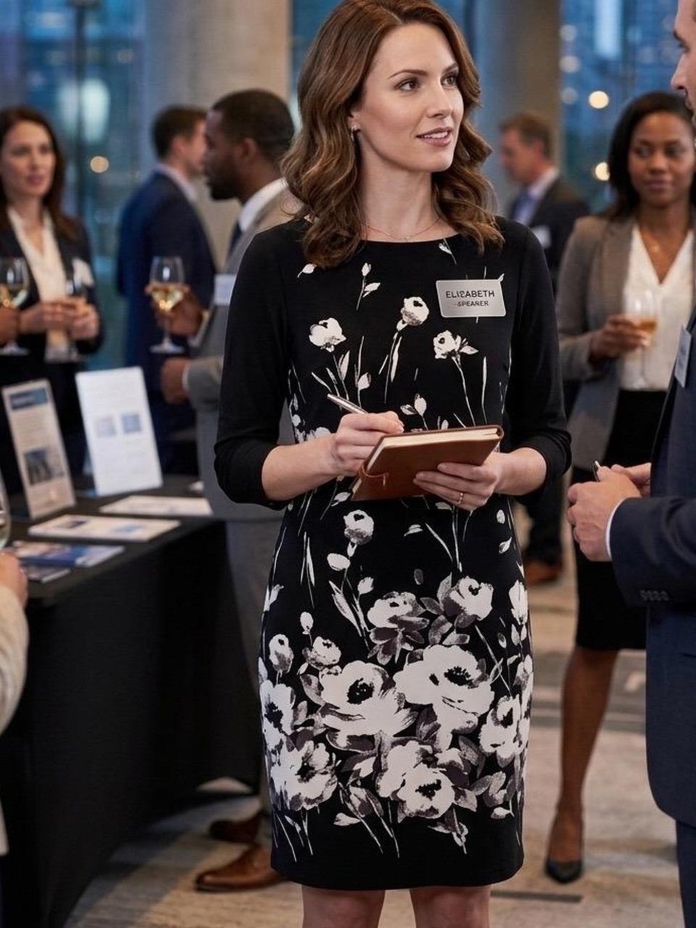 Chaps Black and White Floral Long Sleeve Shift Dress